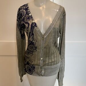 Oilily Cardigan Sweater L Graphic Print Festival Patch Boho Artsy Cottagecore